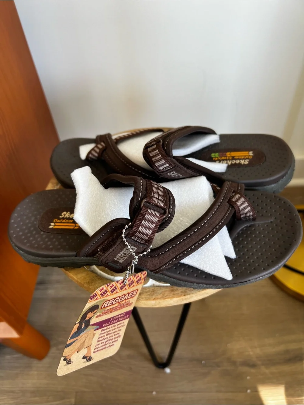 Skechers Reggaes Woman’s Dark Brown Plaid Strap Slide Sandals
